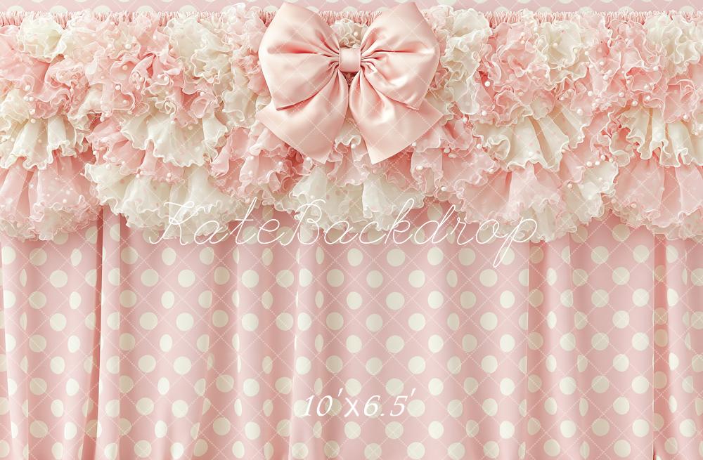 Kate Birthday Girls Pink Polka Dot Ruffle Bow Printed Backdrop Designed by Angela Miller