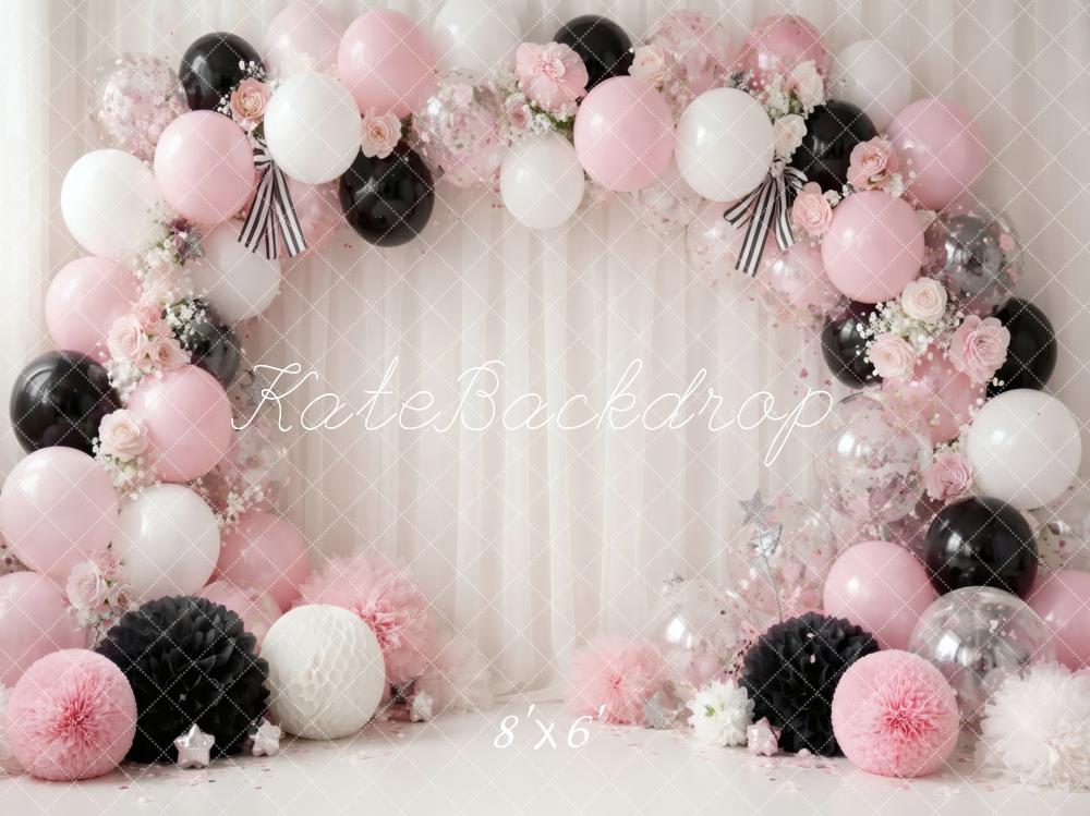 Kate Cake Smash Pink Black White Balloon Flower Arch Printed Backdrop Designed by Vertigo Productions