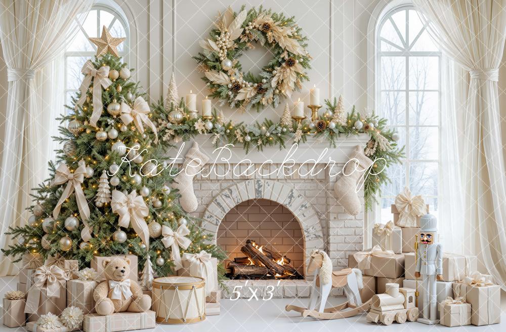 Kate Christmas Fireplace Tree White Bow Wreath Teddy Bear Printed Backdrop Designed by Mini MakeBelieve