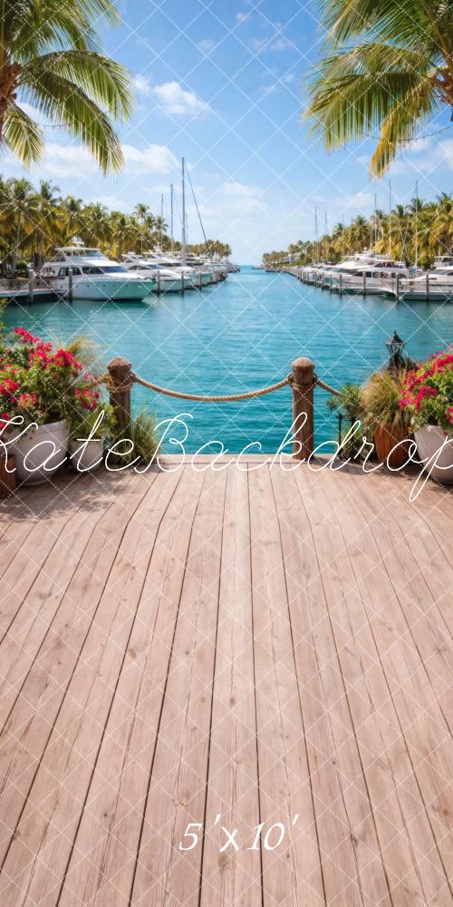Kate Sweep Summer Tropical Marina Palm Trees Yachts Wooden Deck Printed Backdrop Designed by Vertigo Productions