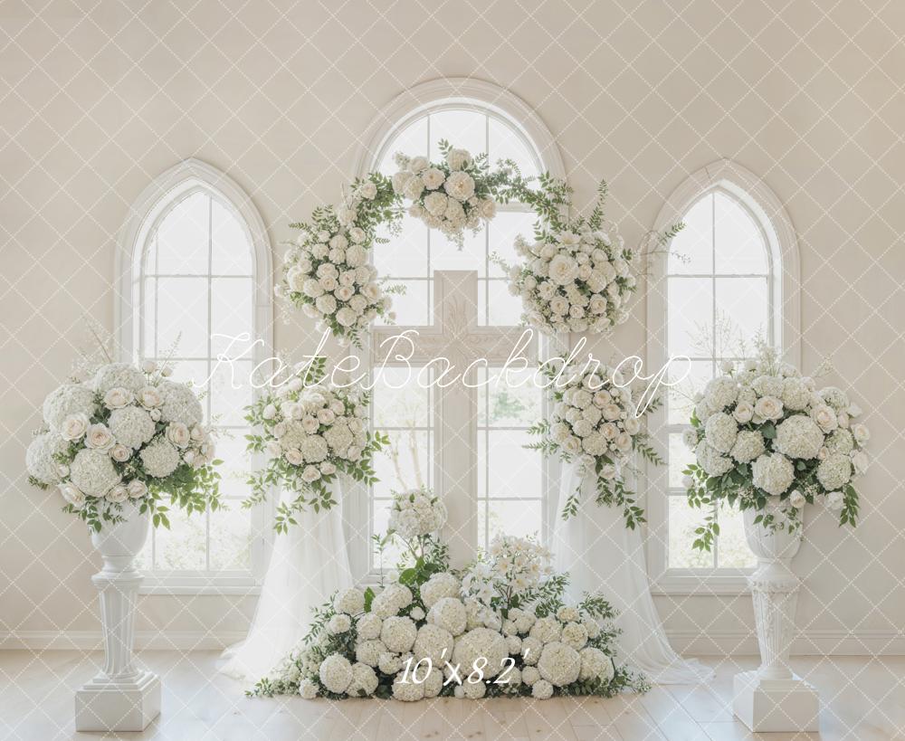 Kate Romantic Church White Flower Arch Cross Windows Printed Backdrop Designed by Emetselch