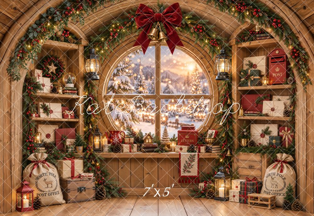 Lightning Deal Kate Christmas Rustic Workshop Gifts Circle Arched Window Bow Printed Backdrop Designed by Emetselch