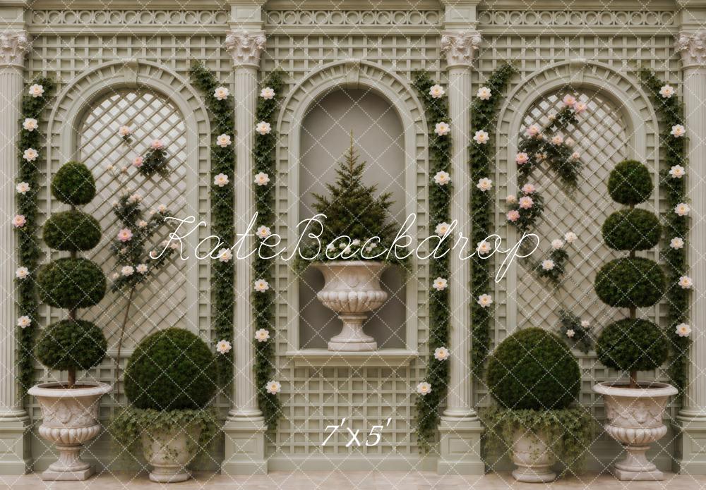 Kate Classic Garden Trellis Arches Topiary Green Printed Backdrop Designed by Vertigo Productions
