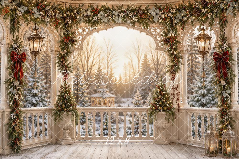 Kate Christmas Gazebo Garland Porch Snowy Trees Printed Backdrop Designed by Emetselch