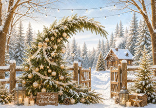 Kate Christmas Fantasy Snowy Tree Whimsical Gold Ornaments Cabin Gate Printed Backdrop Designed by Emetselch