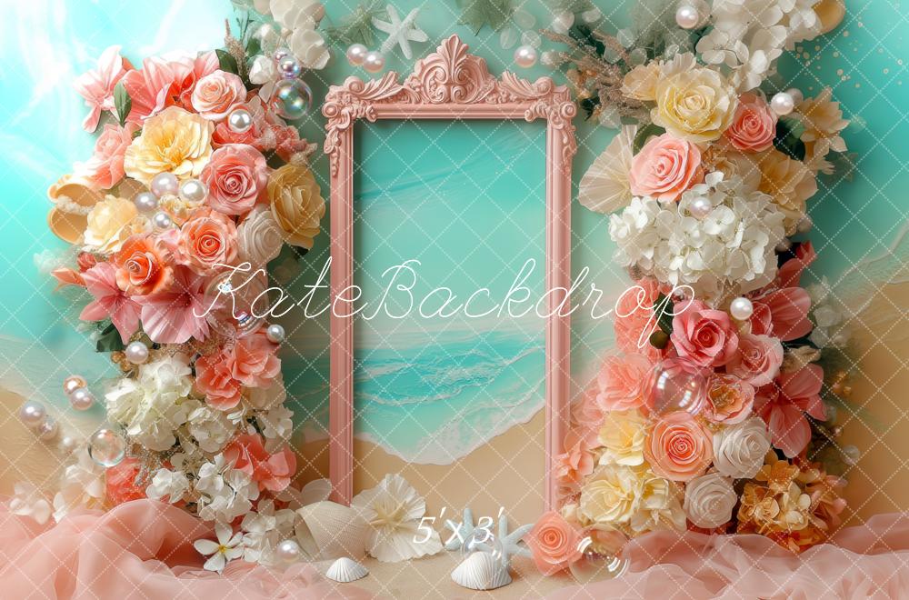 Kate Summer Floral Arch Beach Frame Pastel Flowers Backdrop Designed by Mini MakeBelieve