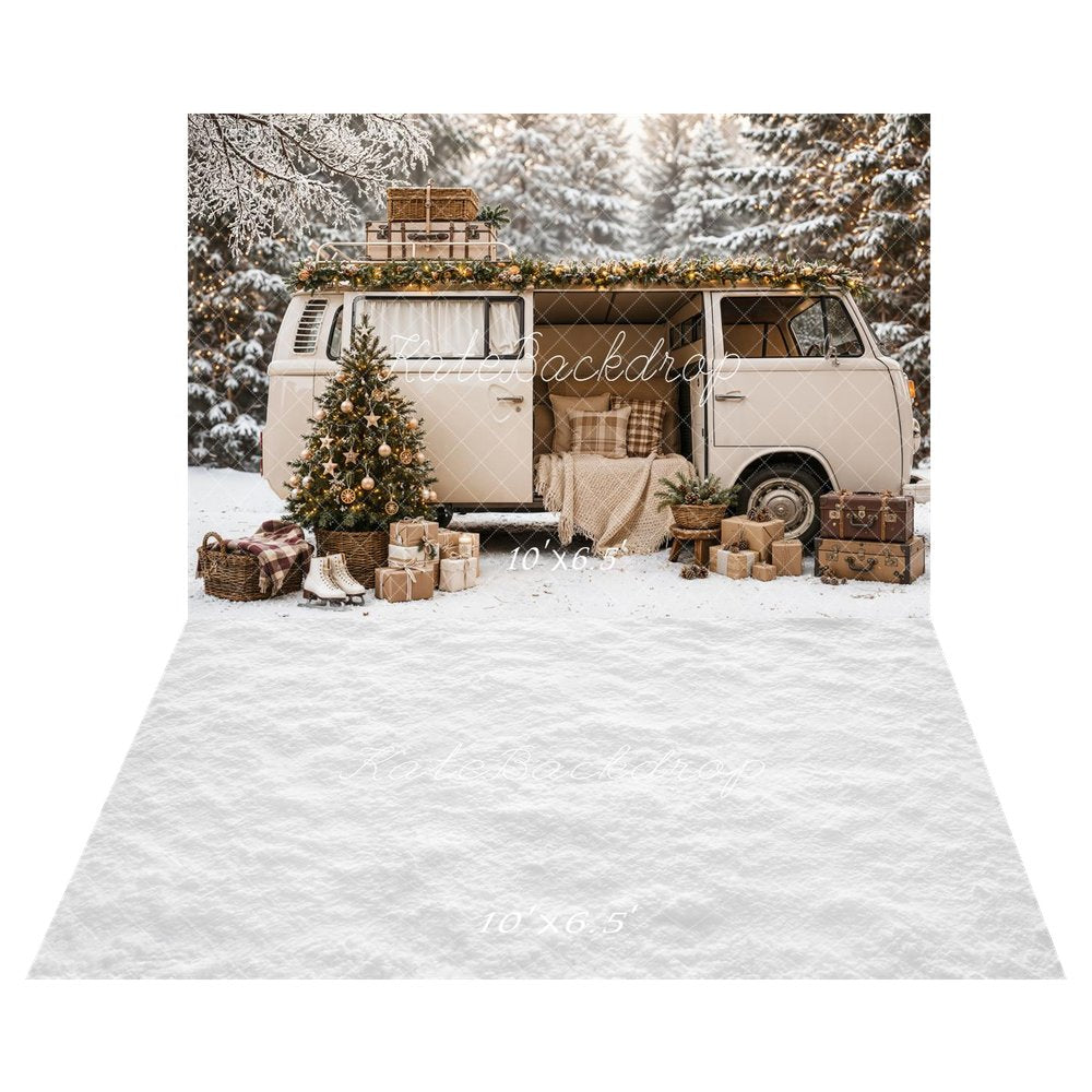 Kate Christmas Tree Camper Van Snowy Forest Gifts Printed Backdrop+White Snow Floor Printed Backdrop