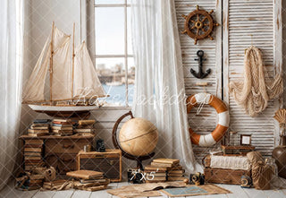 Kate Nautical Sailboat Globe Books Anchor Ship Wheel Printed Backdrop Designed by Emetselch