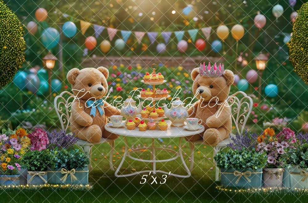 Kate Birthday Teddy Bears Tea Party Garden Balloons Flowers Backdrop Designed by Mini MakeBelieve