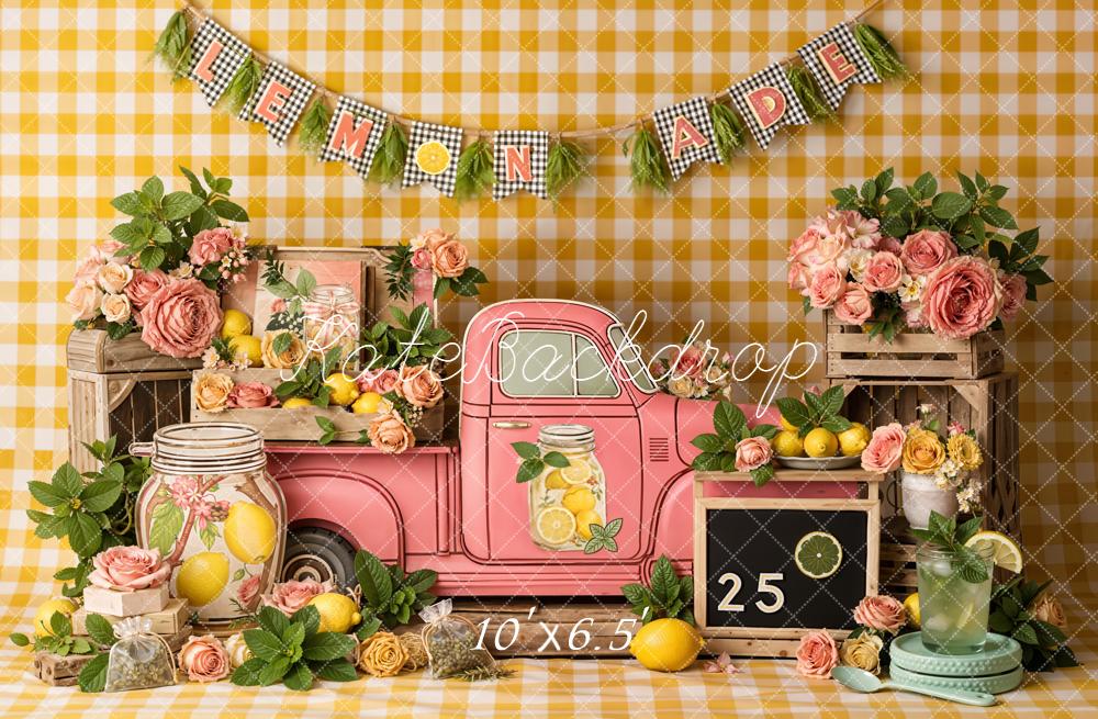 Kate Summer Lemonade Pink Truck Yellow Plaid Flowers Printed Backdrop Designed by Emetselch