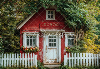 Kate Back to School White Fence Red Cottage Printed Backdrop Designed by Emetselch