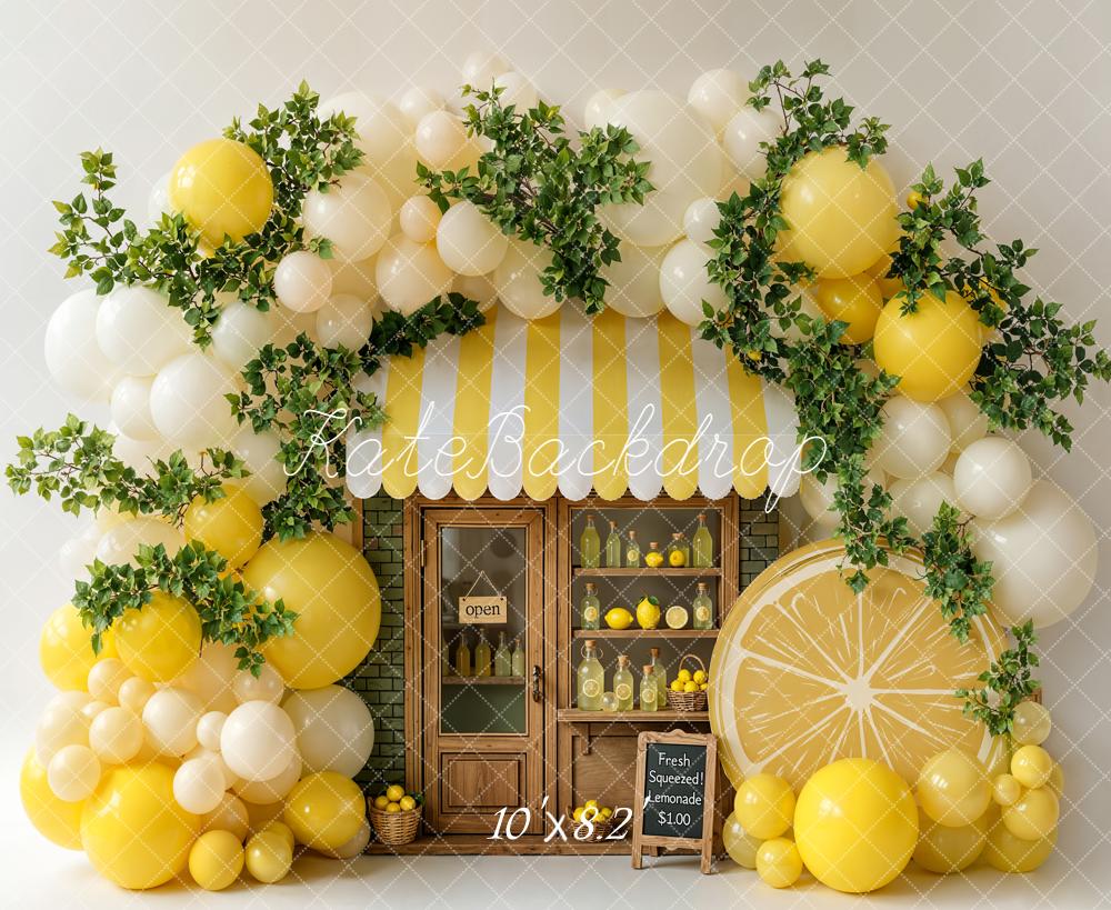 Kate Summer Lemonade Stand Yellow Balloons Greenery Lemons Printed Backdrop Designed by Emetselch