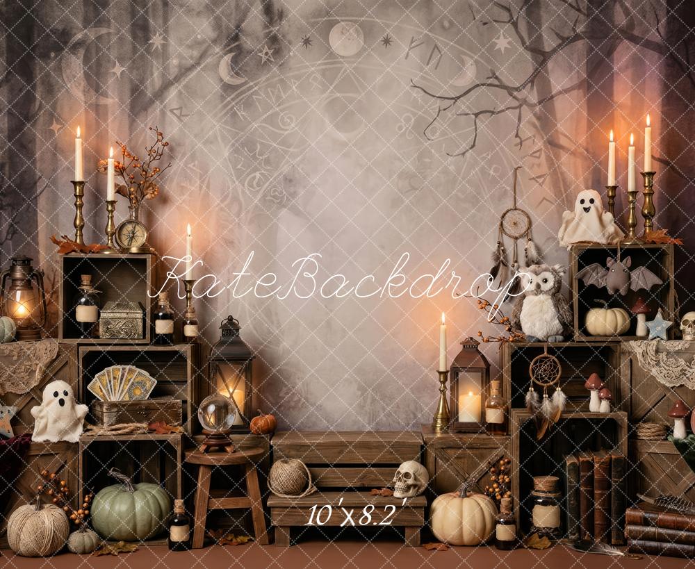 Kate Halloween Apothecary Cabinet Candles Pumpkins Spooky Printed Backdrop Designed by Patty Roberts