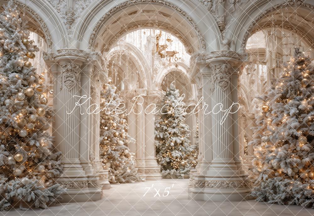 Kate Christmas White Palace Archway Snowy Trees Backdrop Designed by Ashley Paul