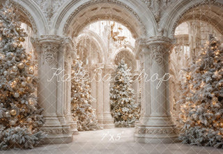 Kate Christmas White Palace Archway Snowy Trees Printed Backdrop Designed by Ashley Paul