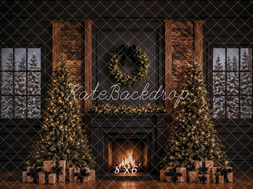 Kate Christmas Fireplace Christmas Trees Wreath Garland Presents Black Printed Backdrop Designed by Emetselch