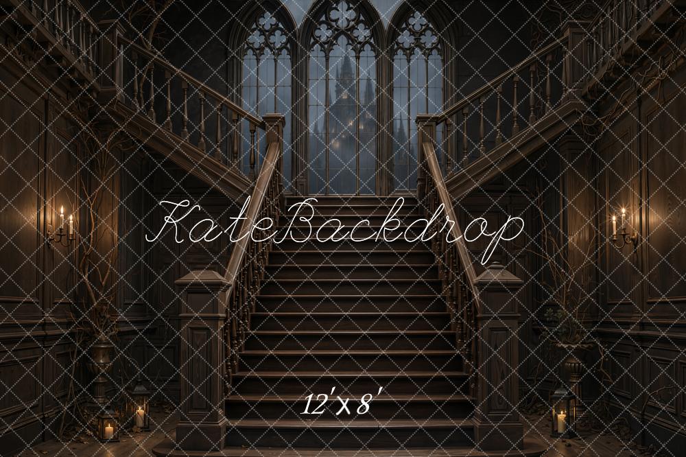 Kate Halloween Cascading Stairs Gothic Windows Candlelight Printed Backdrop Designed by Emetselch
