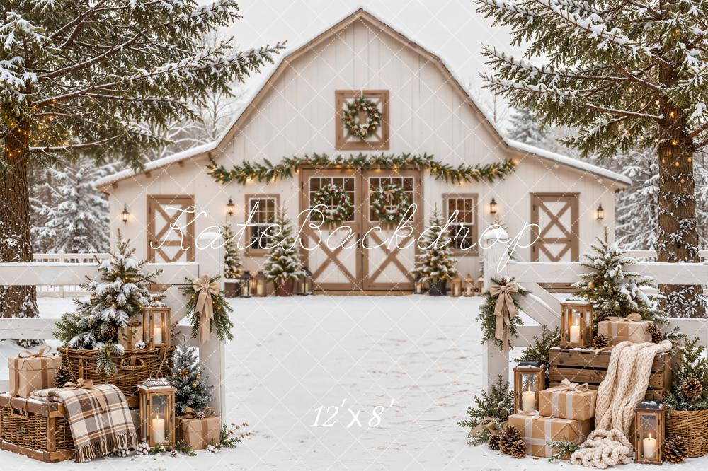 Kate Christmas Snowy White Barn Farmhouse Evergreen Gifts Plaid Printed Backdrop Designed by Emetselch