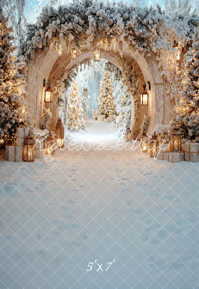 Kate Christmas Snowy Archway Pine Trees Lanterns Backdrop Designed by Emetselch