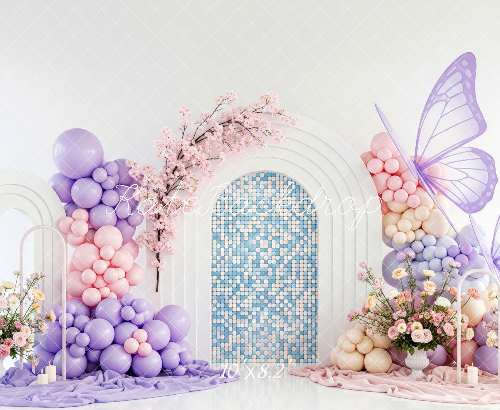 Kate Cake Smash Pastel Balloon Arch Butterfly Mosaic Flowers Printed Backdrop Designed by Patty Roberts