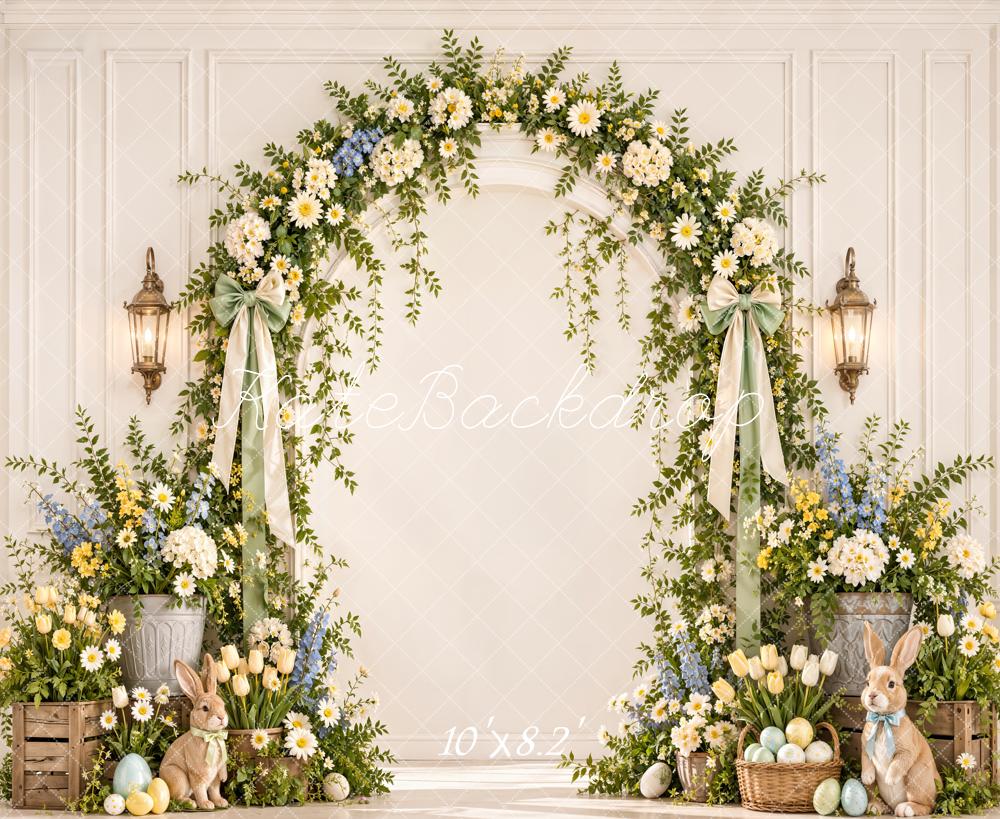 Kate Spring Easter Flower Arch Bunny Pastel Eggs White Wall Printed Backdrop Designed by Emetselch
