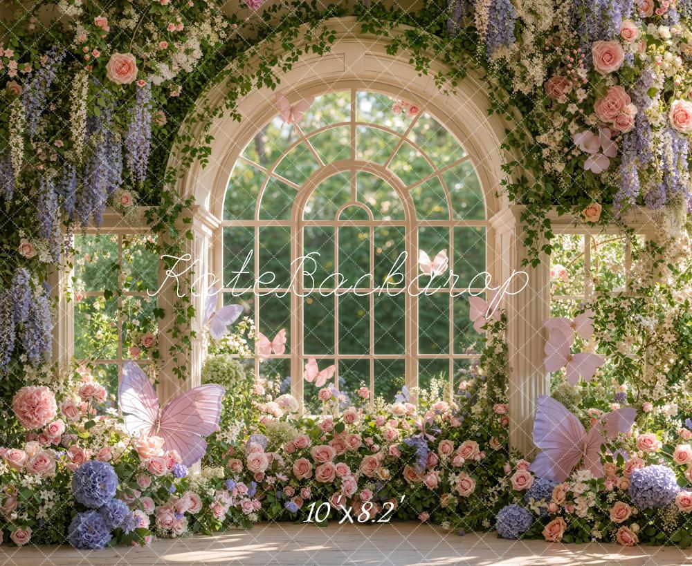 Kate Spring Flower Arched Window Garden Butterflies Greenery Printed Backdrop Designed by Emetselch