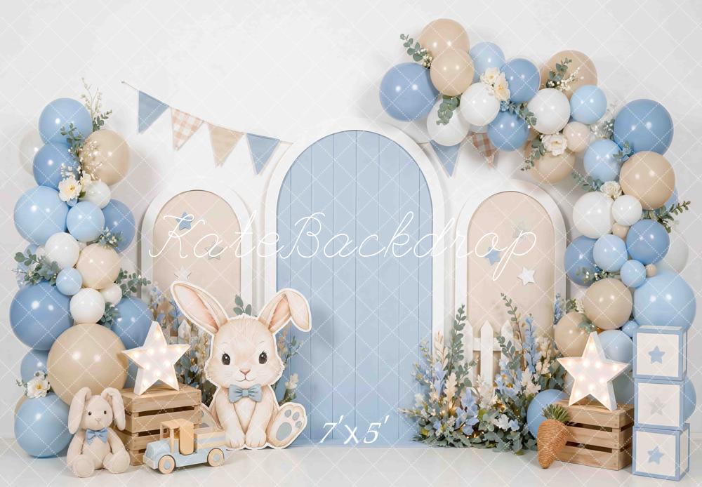 Kate Cake Smash Bunny Blue Beige Balloon Arch Printed Backdrop Designed by Mini MakeBelieve