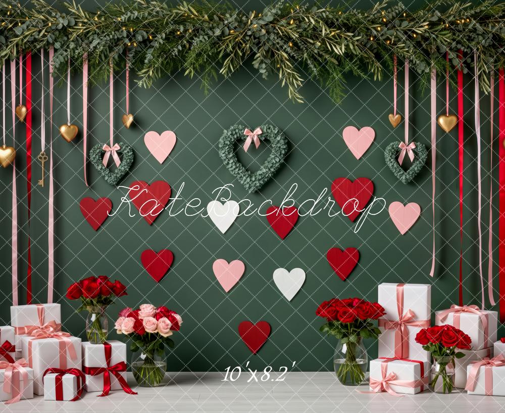 Kate Valentine's Day Green Wall Heart Wreaths Red Pink Hearts Ribbons Gifts Printed Backdrop Designed by Patty Roberts