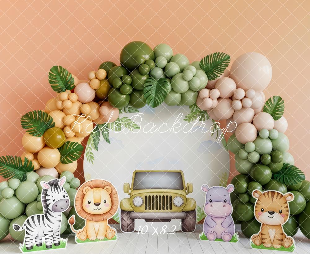 Kate Cake Smash Jungle Balloon Arch Jeep Safari Animals Printed Backdrop Designed by Patty Roberts