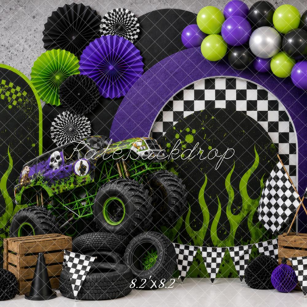 Kate Cake Smash Monster Truck Checkered Pattern Green Flames Balloons Printed Backdrop Designed by Shutter Swan Studios
