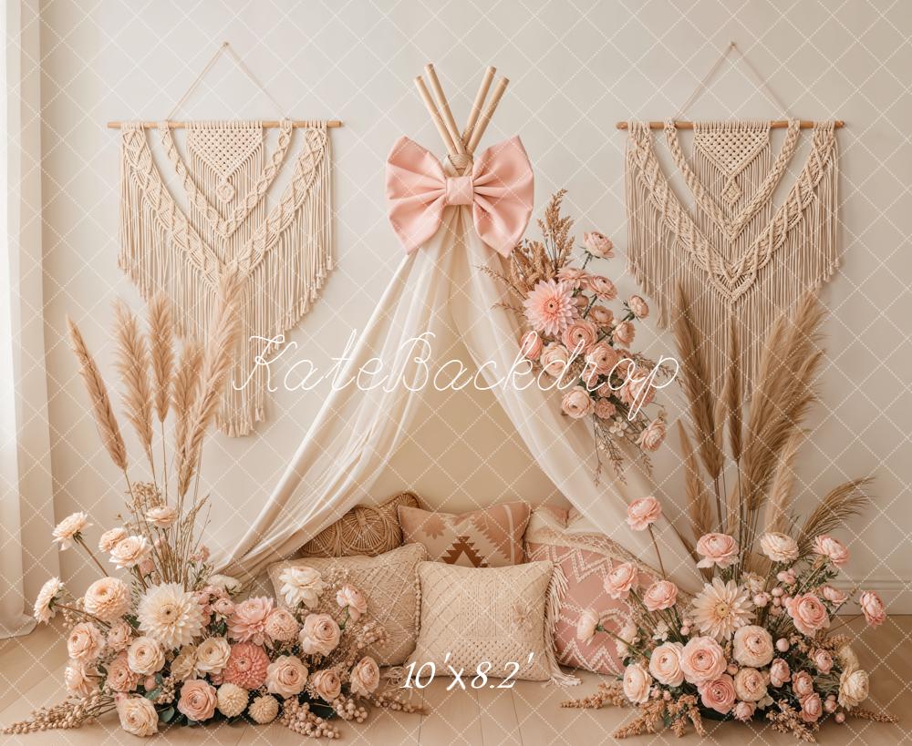 Kate Mother's Day Boho Canopy Flower Arch Macrame Bow Pink Backdrop Designed by Emetselch