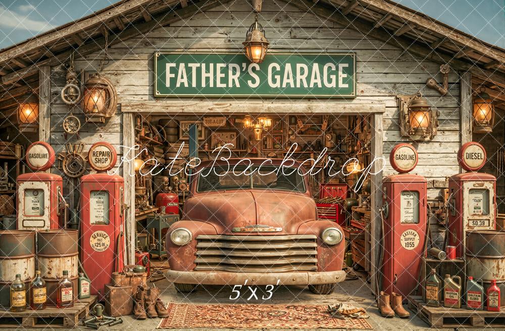 Kate Father's Day Garage Rusty Truck Gas Pumps Printed Backdrop Designed by Chain Photography