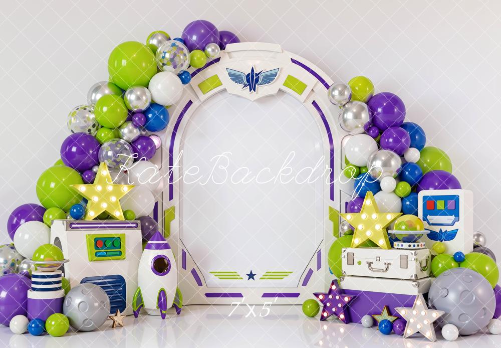 Kate Cake Smash Space Arch Balloons Rocket Stars Control Panel Printed Backdrop Designed by Mini MakeBelieve