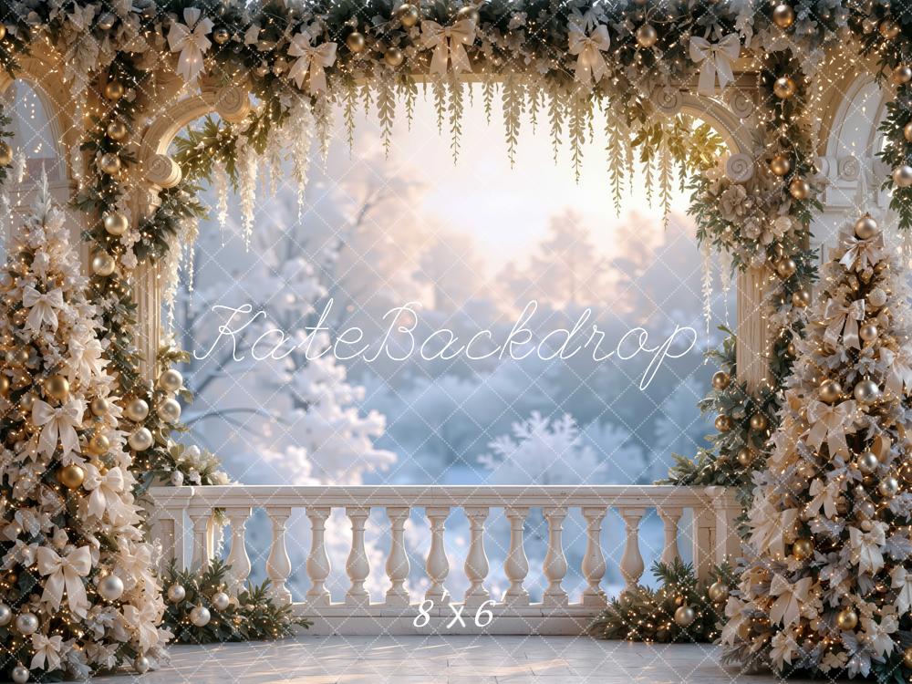 Kate Christmas Balcony White Gold Garland Trees Arch Printed Backdrop Designed by Mini MakeBelieve