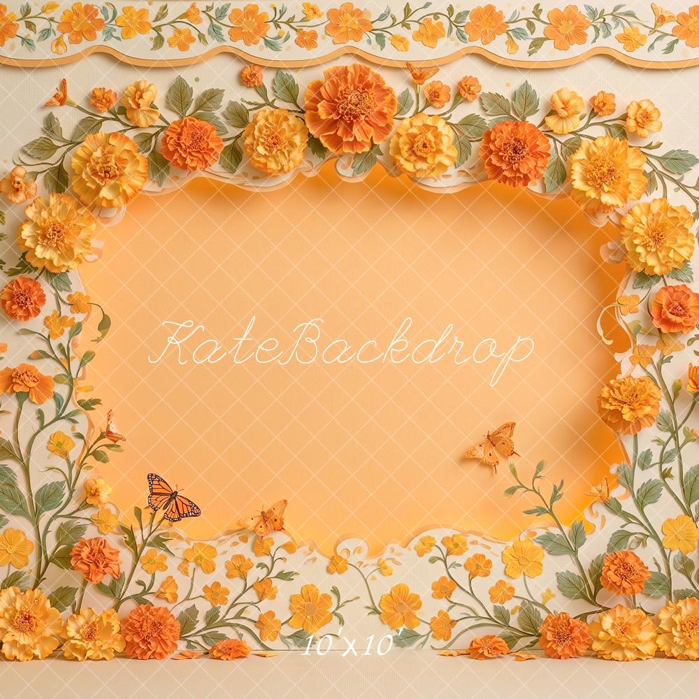 Kate Spring Marigold Wall Orange Flower Arch Butterflies Printed Backdrop Designed by Angela Miller