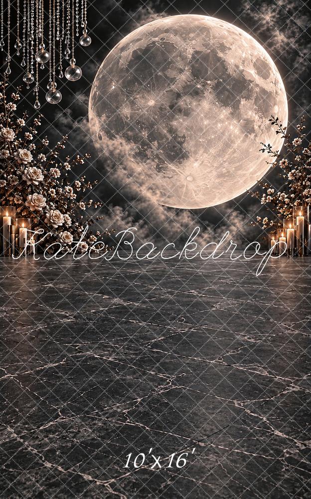 Kate Sweep Black Moon Crystal Blossoms Candlelight Marble Floor Printed Backdrop Designed by Vertigo Productions