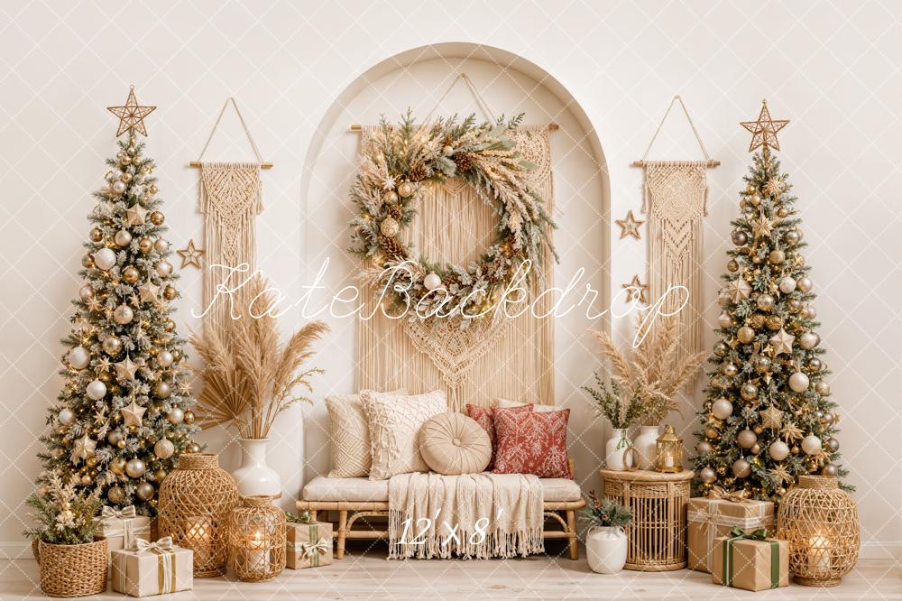 Kate Christmas Boho Macrame Wreath Christmas Trees Pillows Printed Backdrop Designed by Emetselch