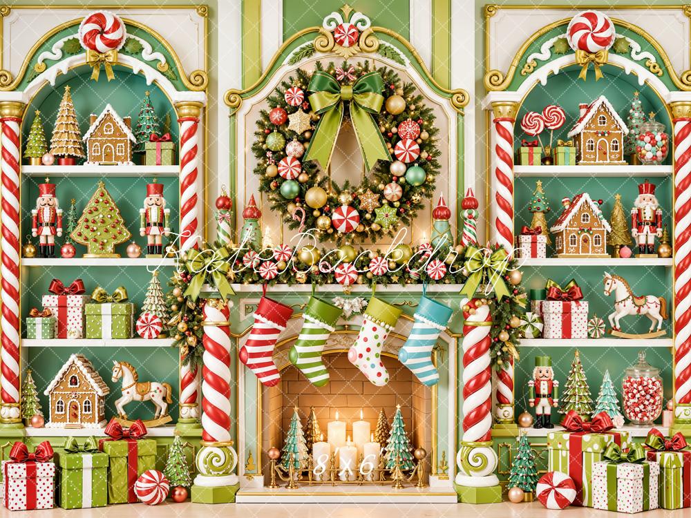 Kate Christmas Fireplace Fantasy Green Toys Shelves Candy Cane Wreath Printed Backdrop Designed by Emetselch