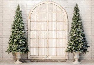 Kate Christmas Tree Retro Arched Window Brick Wall Printed Backdrop Designed by Emetselch