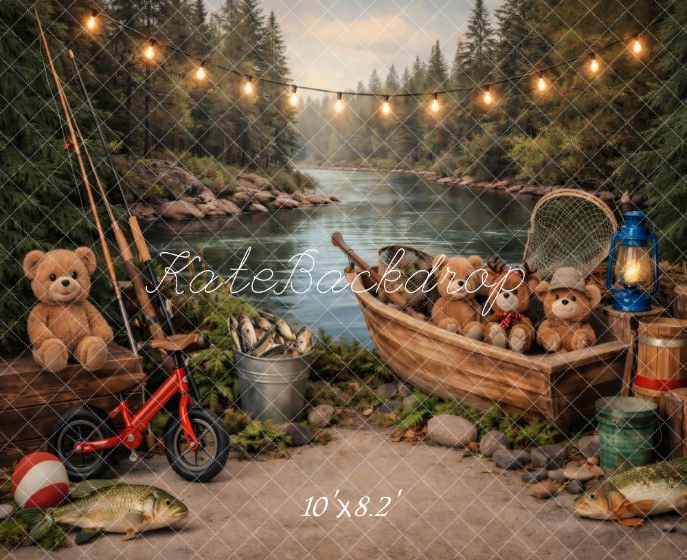 Kate Teddy Bears Fishing River Forest Boat Printed Backdrop Designed by Vertigo Productions