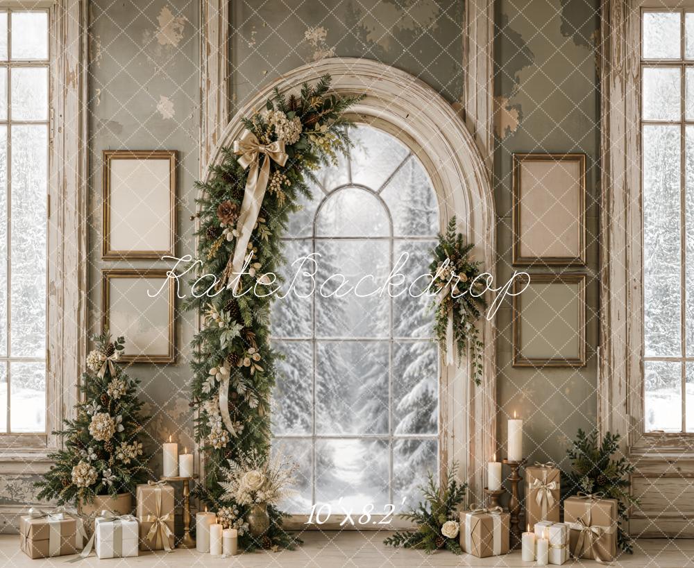 Kate Christmas Vintage Evergreen Garland Arch Snowy Window Printed Backdrop Designed by Emetselch