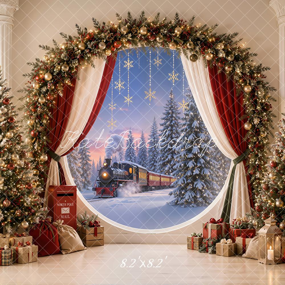 Kate Christmas Polar Train Garland Decorated Trees Red Curtains Printed Backdrop Designed by Emetselch