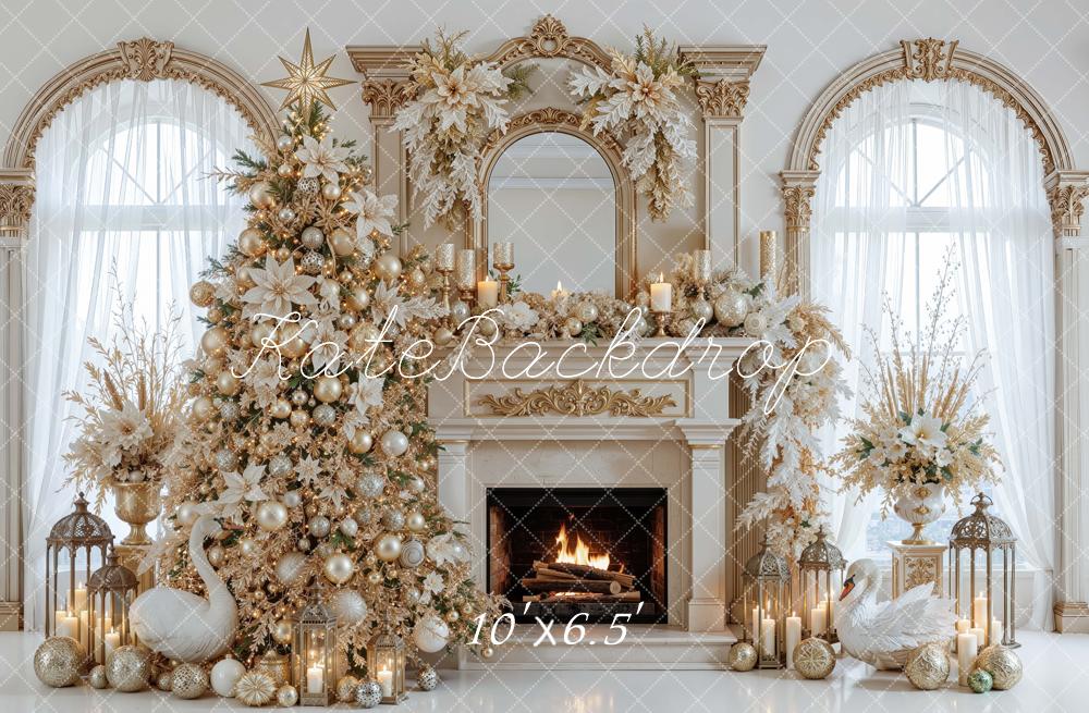 Kate Christmas Tree Luxury Gold Fireplace Garland Poinsettia Printed Backdrop Designed by Mini MakeBelieve
