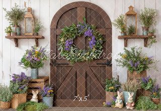 Kate Easter Bunny Floral Wreath Brown Wooden Door Printed Backdrop Designed by Emetselch