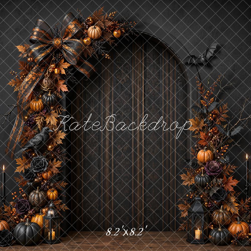 Kate Halloween Black Bow Pumpkin Arch Door Candlelight Gothic Printed Backdrop Designed by Emetselch