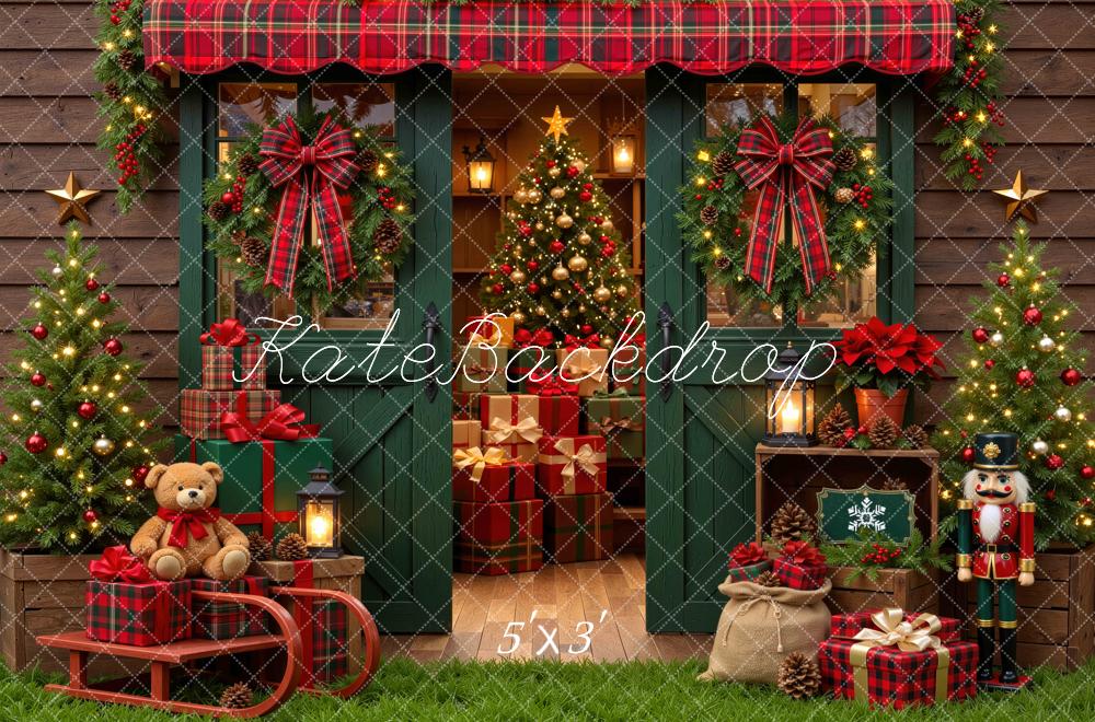 Kate Christmas Storefront Porch Plaid Trees Presents Nutcracker Printed Backdrop Designed by Mini MakeBelieve