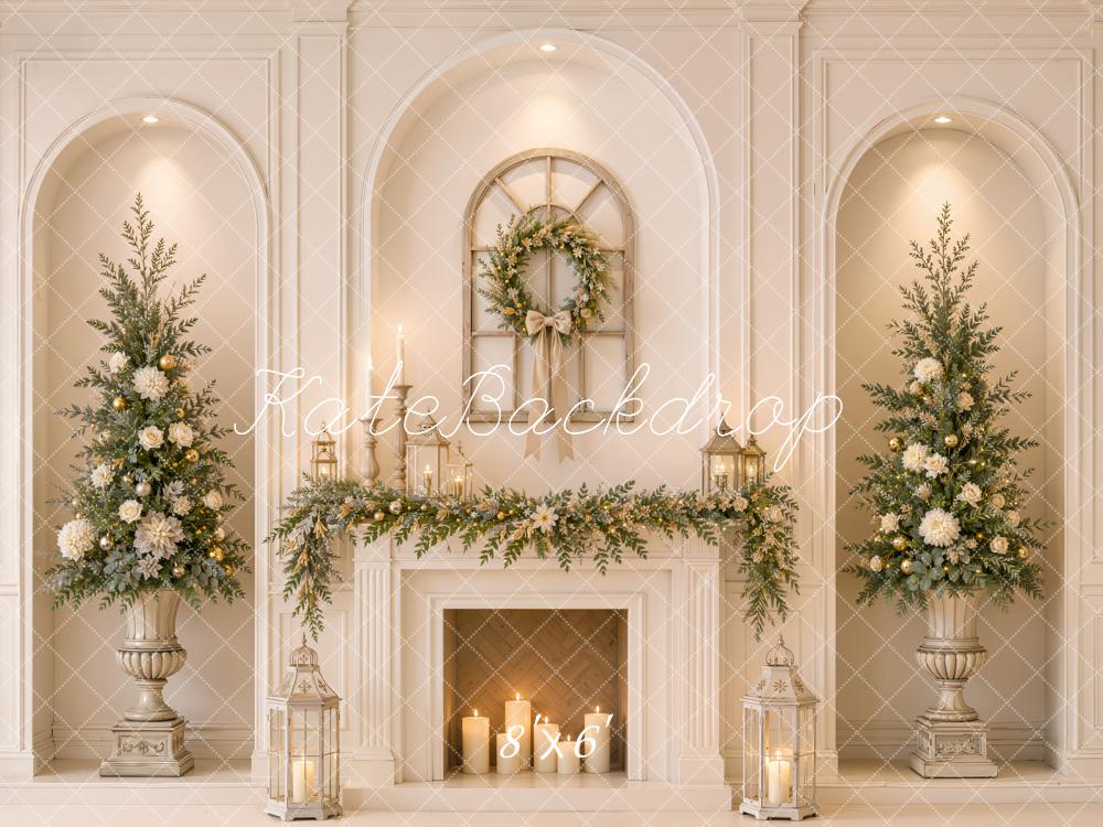Kate Christmas Fireplace Elegant Trees Wreath Garland Printed Backdrop Designed by Emetselch