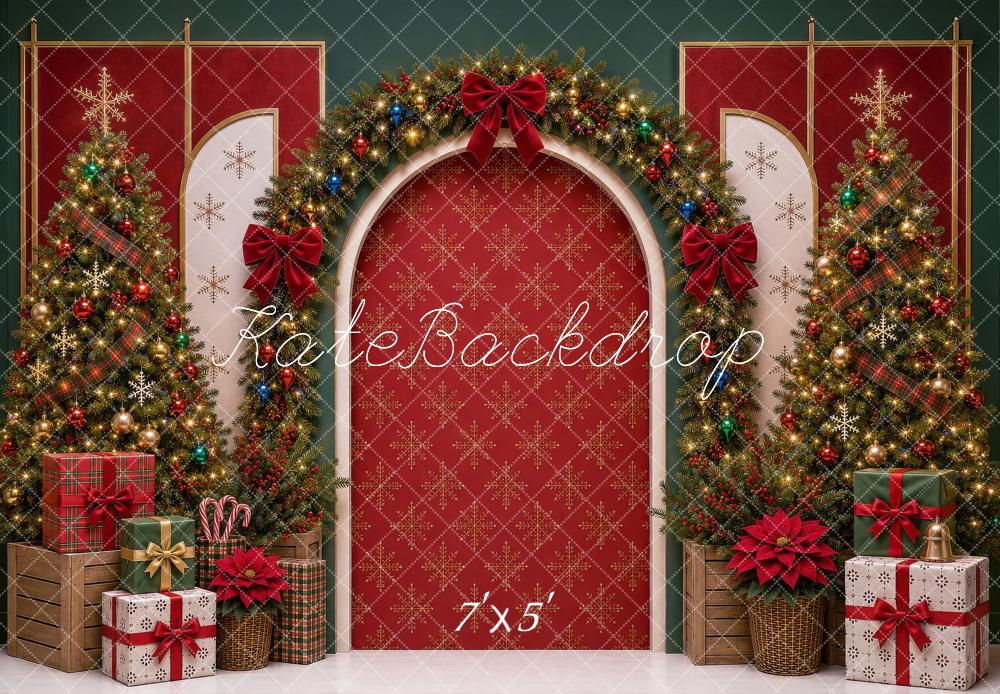 Kate Christmas Red Arch Garland Trees Presents Bow Printed Backdrop Designed by Shutter Swan Studios