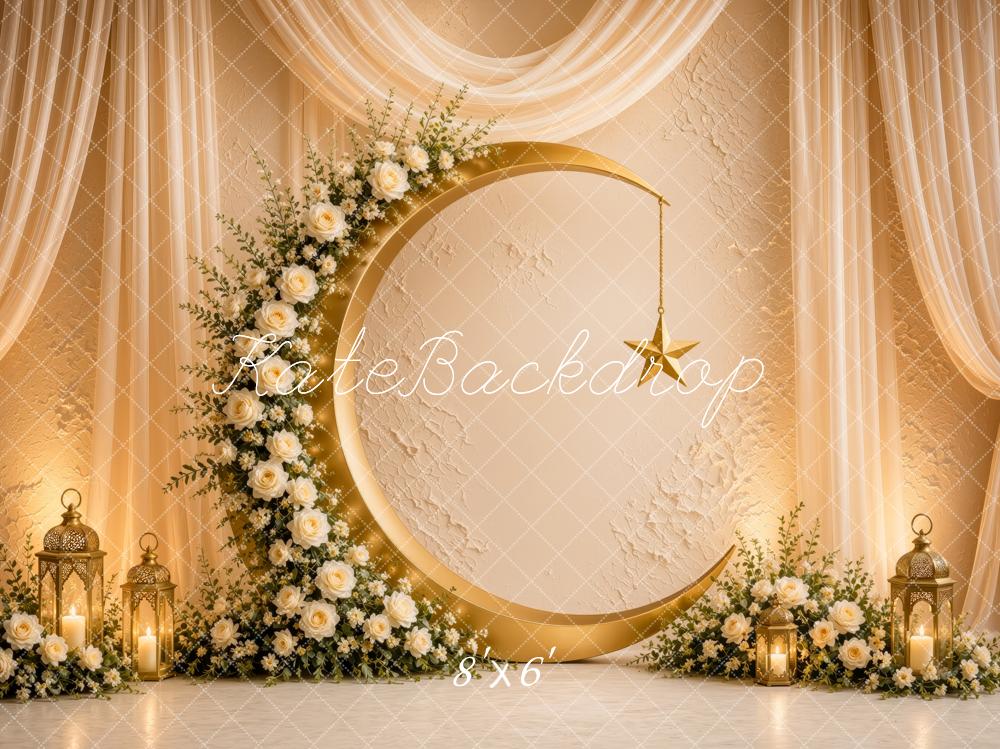 Kate Ramadan Muslim Gold Crescent Floral Arch Drapes Lanterns Printed Backdrop Designed by Ashley Ward