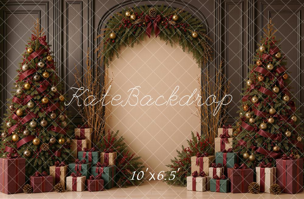 Kate Christmas Tree Red Ribbon Bow Arch Gift Vintage Printed Backdrop Designed by Shutter Swan Studios